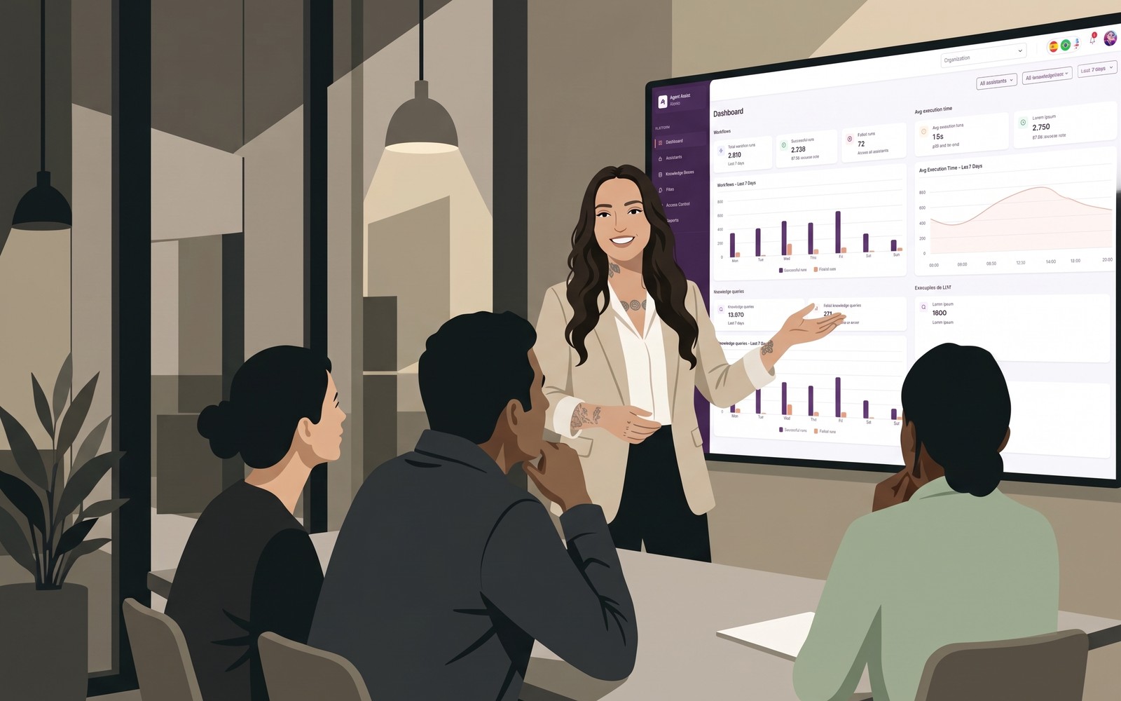 Ilustração de uma apresentação da Agent Platform unificada para stakeholders, com dashboard de workflows e consultas à base de conhecimento em tela