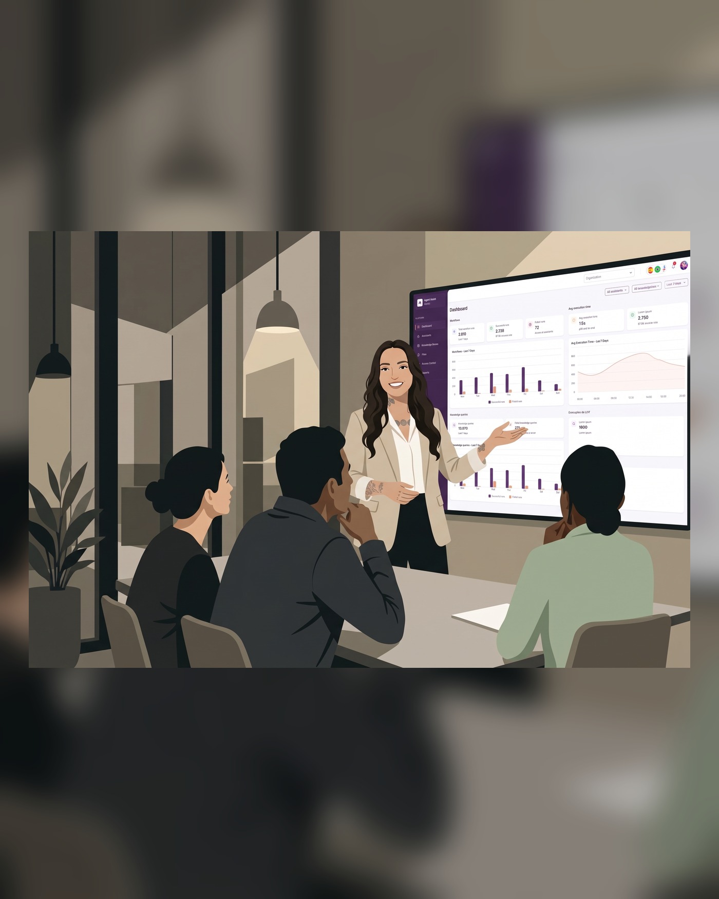 Ilustração de uma apresentação da Agent Platform unificada para stakeholders, com dashboard de workflows e consultas à base de conhecimento em tela