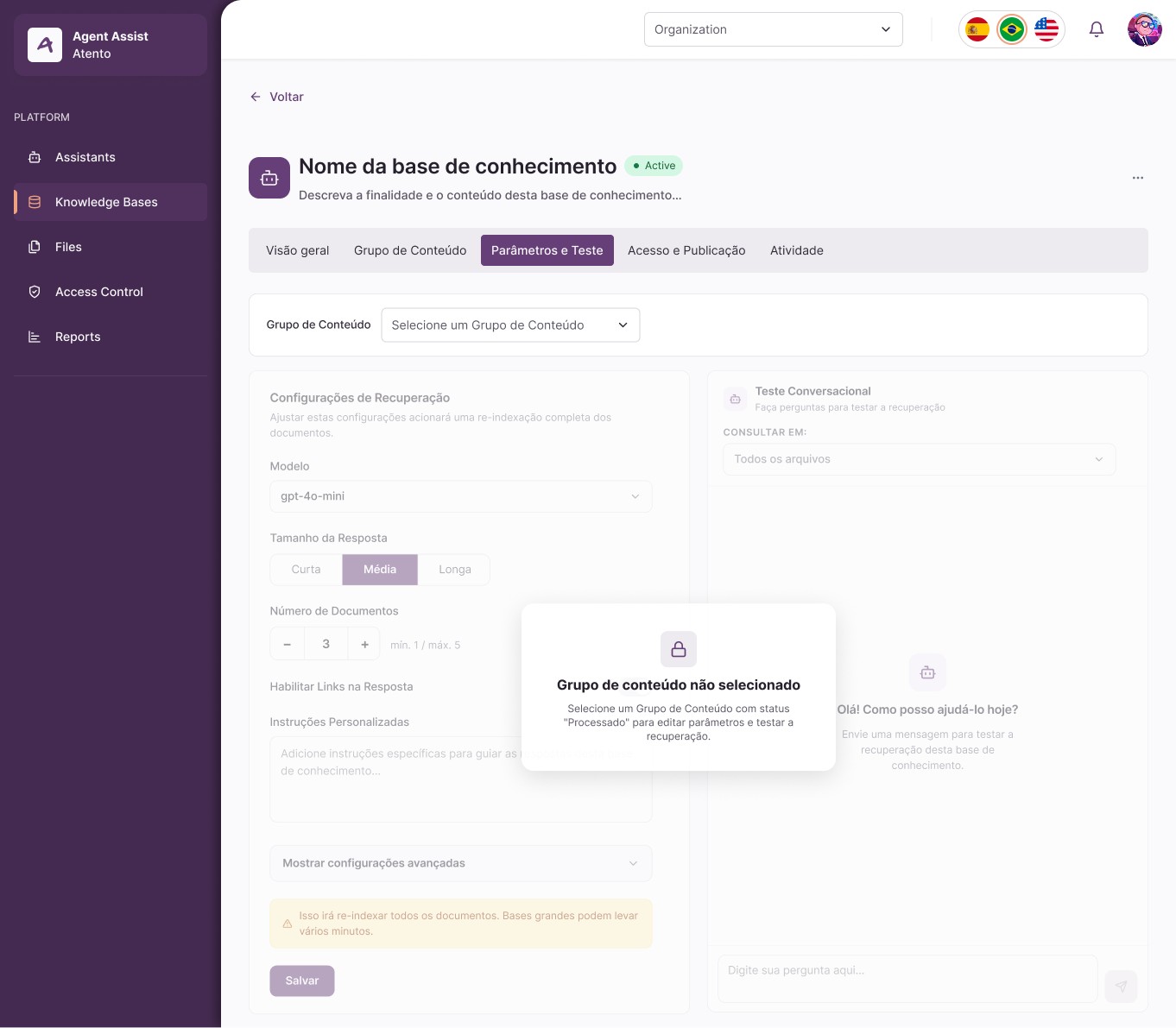 Aba Parâmetros e Teste de uma base de conhecimento, com configuração de recuperação (modelo, tamanho de resposta, número de documentos) e painel de teste conversacional