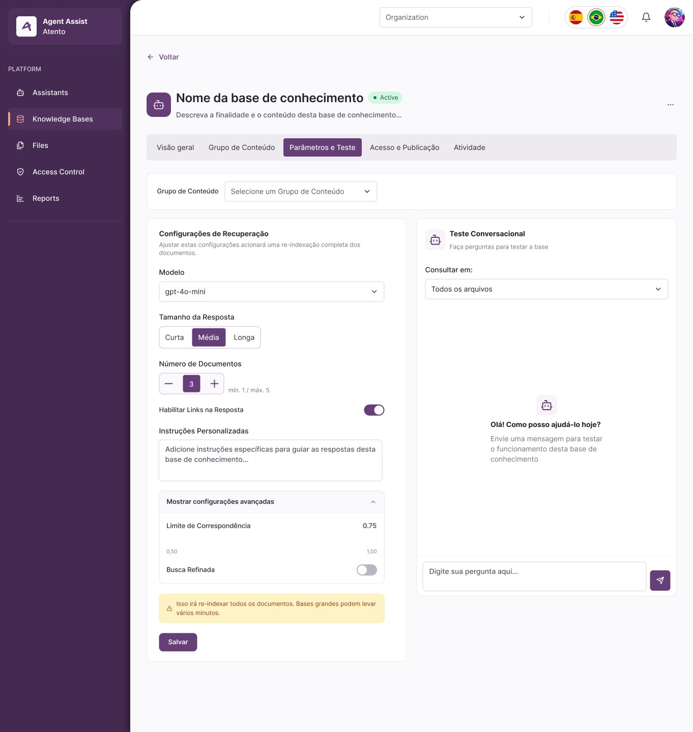 Aba Parâmetros e Teste bloqueada, com mensagem explicando que é necessário selecionar um Grupo de Conteúdo com status Processado antes de editar parâmetros e testar a recuperação