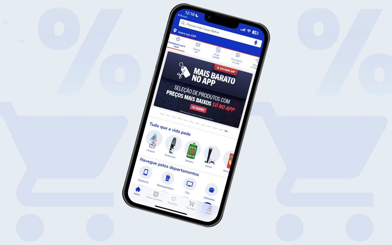 Mockup do app da Casas Bahia num celular