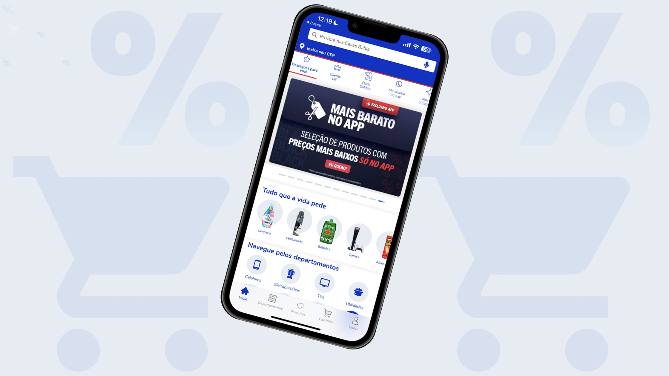 Mockup do app da Casas Bahia num celular, com a home de ofertas