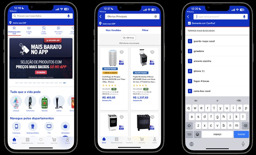 Telas de hi-fi da busca contextualizada do app da Casas Bahia, com sugestões de termos mais buscados