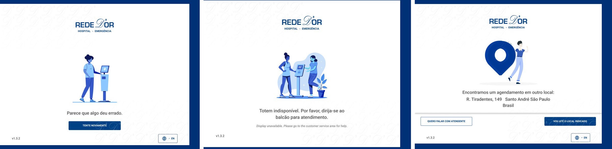 Três estados de fallback do totem: erro recuperável, erro irrecuperável e agendamento encontrado em outro local