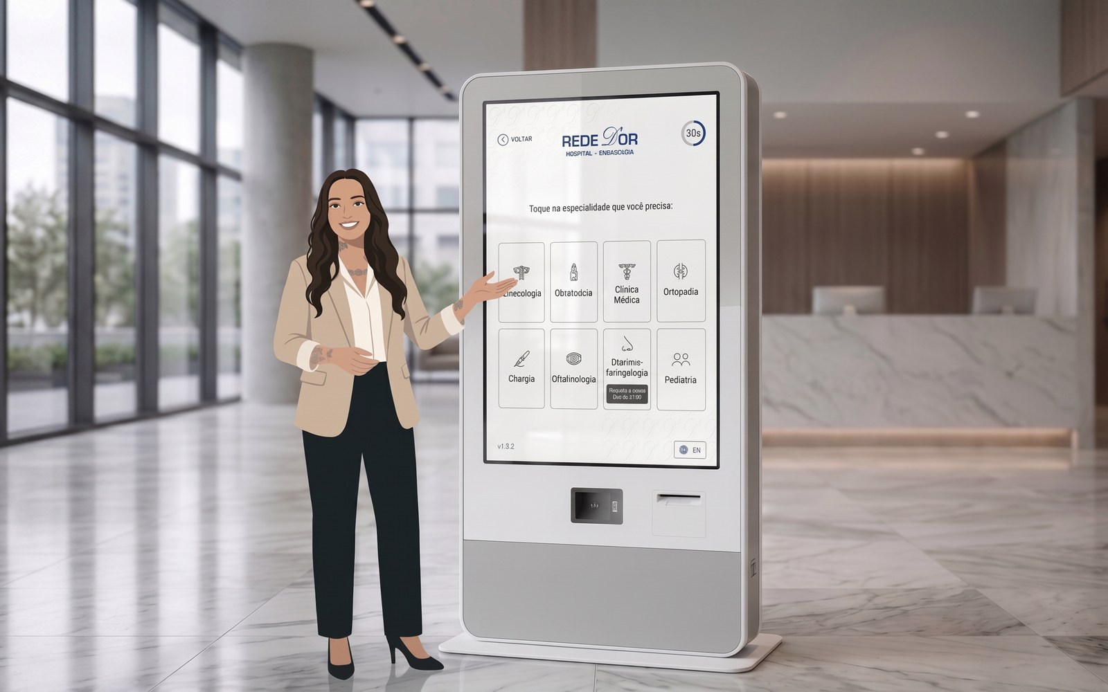 Totem de autoatendimento de recepção digital em lobby hospitalar