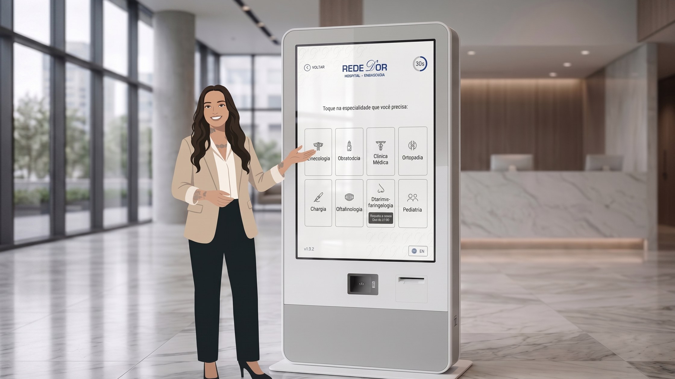 Totem de autoatendimento de recepção digital em lobby hospitalar