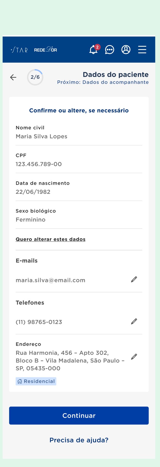 Tela de revisão e confirmação dos dados do paciente no fluxo mobile