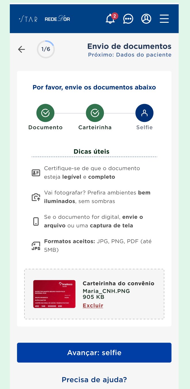 Tela de upload de documentos e carteirinha do convênio no fluxo mobile