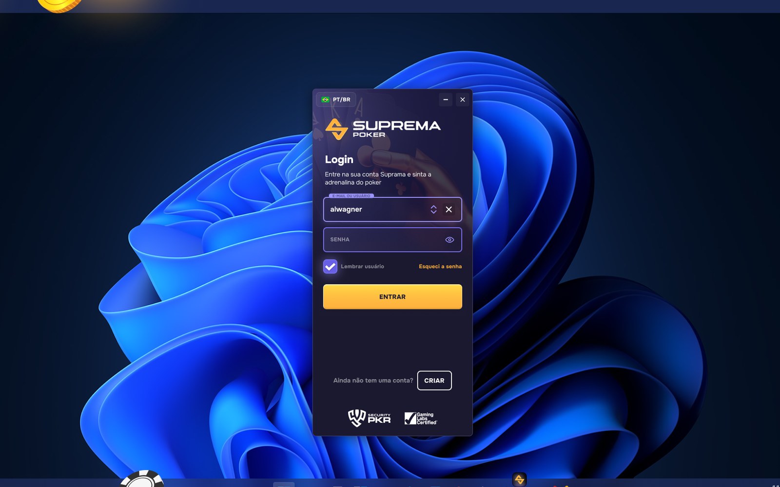 Tela de login do app novo da Suprema Poker