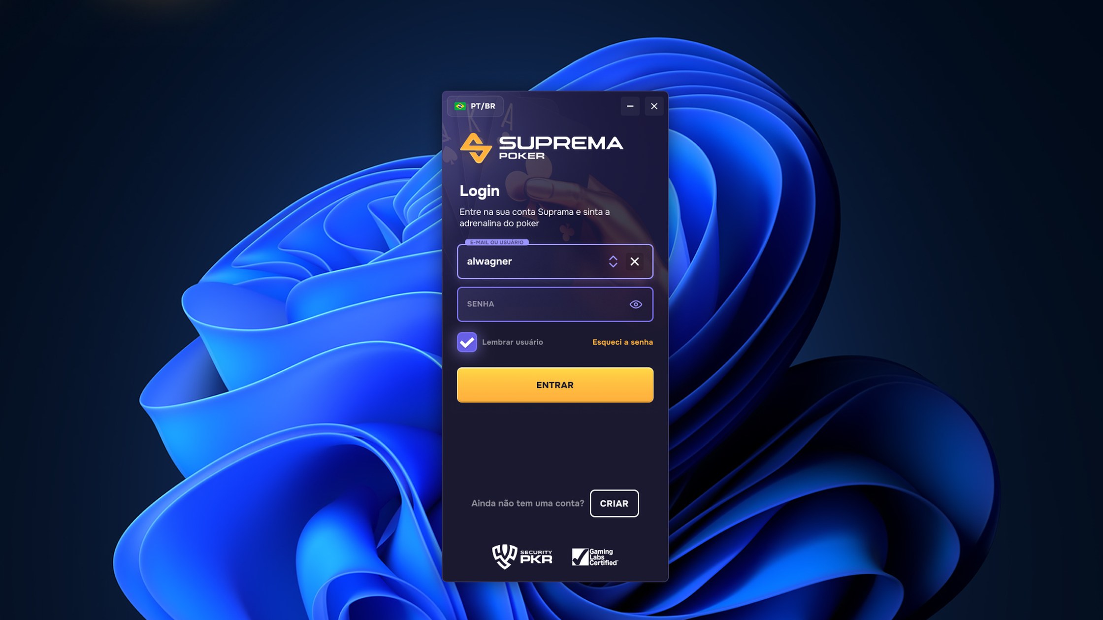 Tela de login do app novo da Suprema Poker