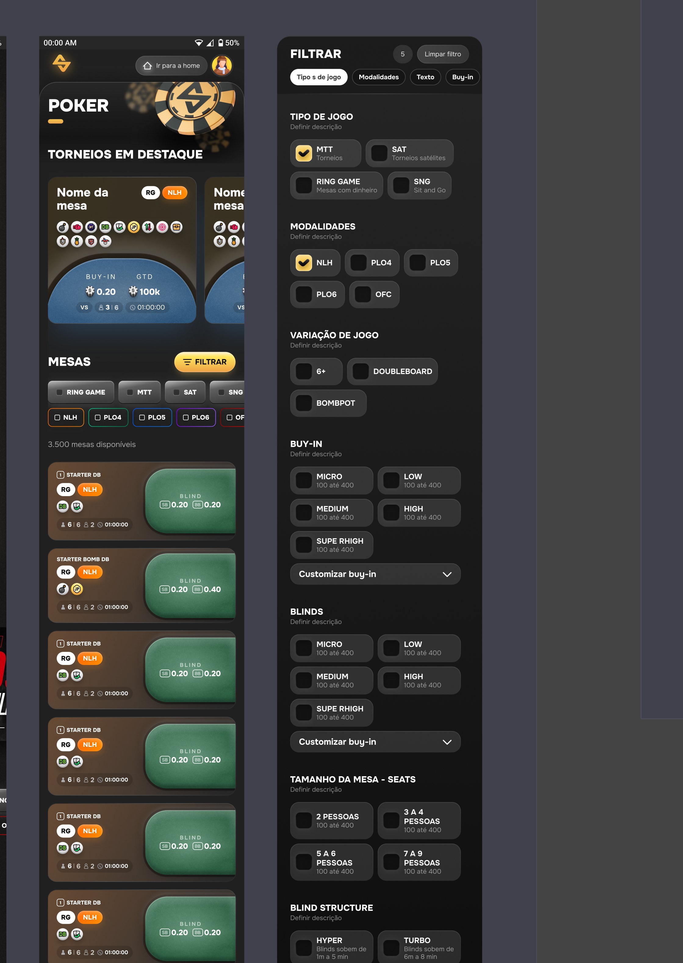 Telas de mesas de pôquer e filtros do app novo da Suprema