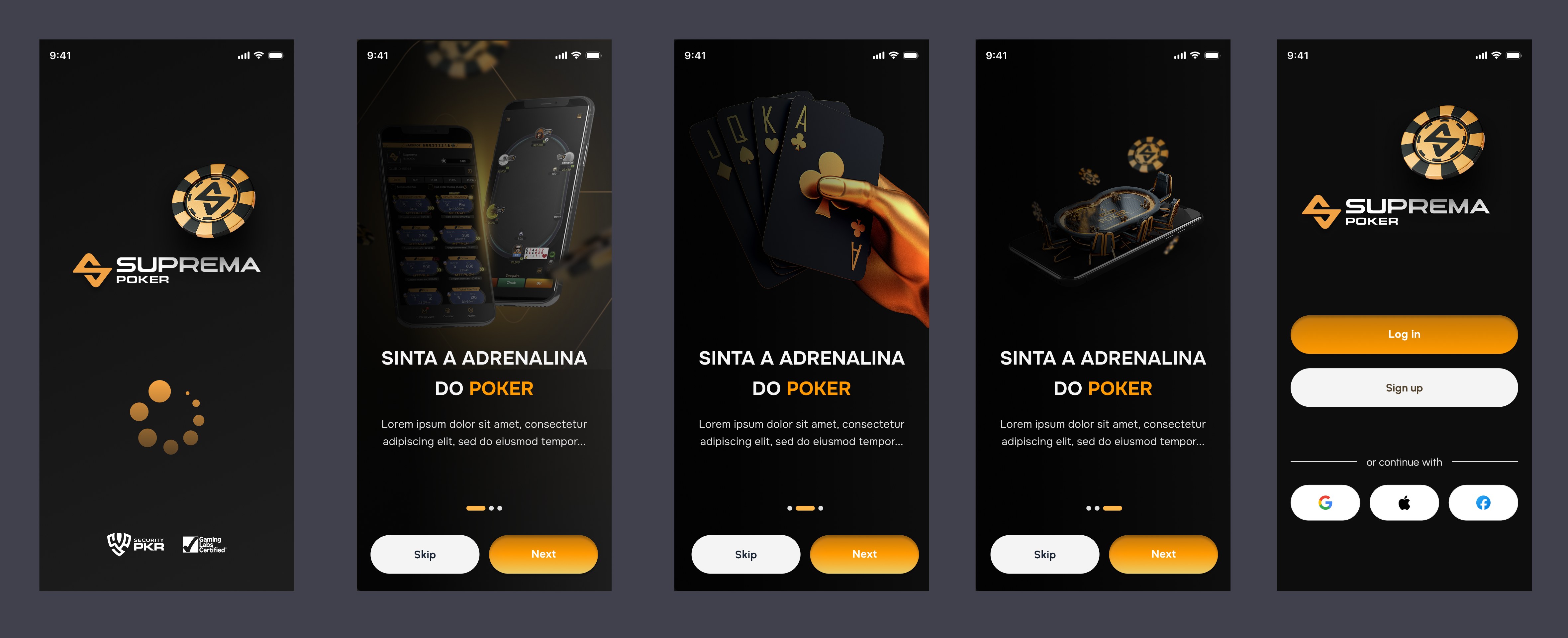 Telas de onboarding e login do app novo da Suprema Poker