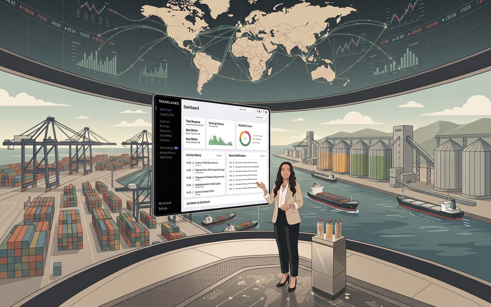 Ilustração de uma trader analisando o dashboard da TradeLanes