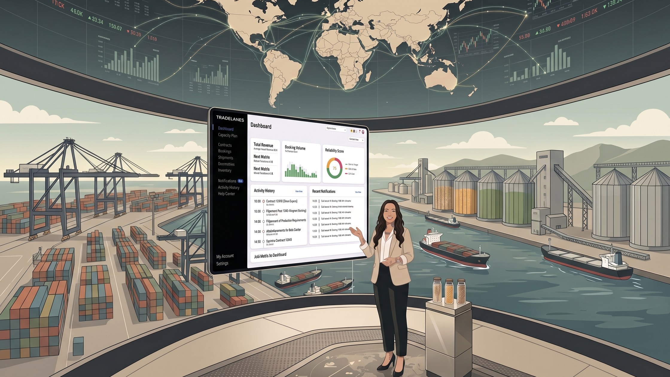 Ilustração de uma trader analisando o dashboard da TradeLanes num centro de operações portuário